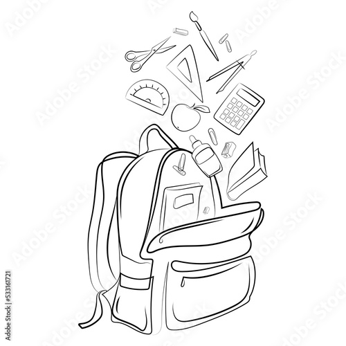 Schoolbag or backpack with different school supplies stationery flying from it Line drawing vector isolated illustration.Backpack with school supplies black and white sketch