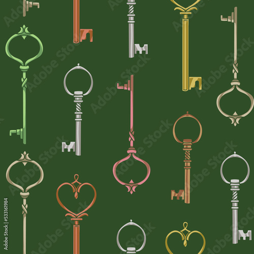 seamless vector pattern with victorian vintage keys on green background
