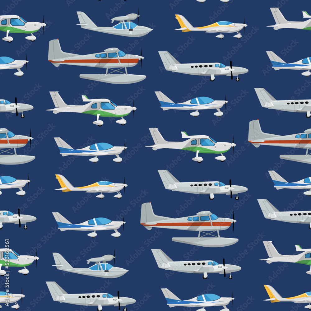 Seamless pattern with propeller airplanes. Private turbo propeller ...