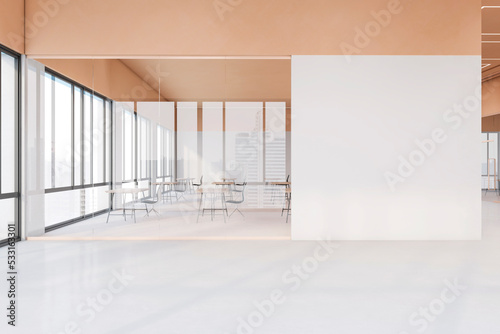 Luxury spacious light office interior with blank white mock up place on wall  window and city view  furniture and daylight. Workplace and design concept. 3D Rendering.