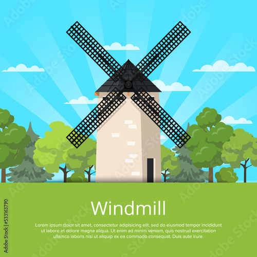 Traditional stony old windmill building on nature background. Medieval european tourist attraction vector illustration. Clean energy, organic agricultural production, ecological food manufacturing.