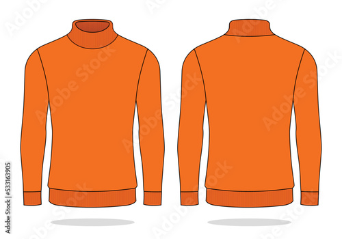 Blank Orange Turtle Neck Long Sleeve T-Shirt Template On White Background.Front and Back View, Vector File