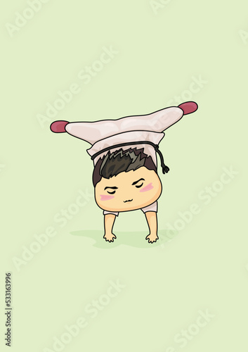 Minimalist cartoon depicting a boy standing on his hands while doing capoeira.A toddler learning the Brazilian national martial art