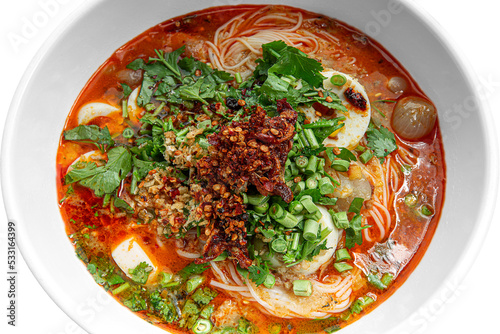 Thai Noodles white background.
spicy Thai noodles.
noodles.
soup.