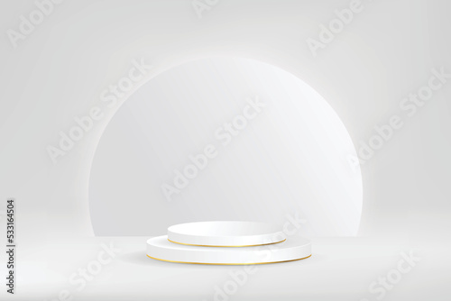 White, Gray and Gold geometric pedestal podium with glowing semi circle backdrop. Podium abstract background. Geometric shape.white colors scene. Minimal 3d rendering. Scene with geometric background.