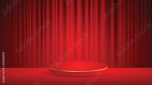 Abstract vector rendering 3d shape for placing the product with copy space. red podium with gold borders on the red floor, behind a red curtain. Vector illustration