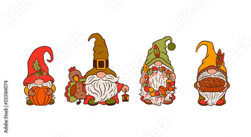 Cute Thanksgiving gnomes and tirkey bird. Autumn fall clipart. thanksgiving selebration home food theme. Apple pie, fall wreath decor, cute pumpkin. Funny nordic gnomes isolated on white background.