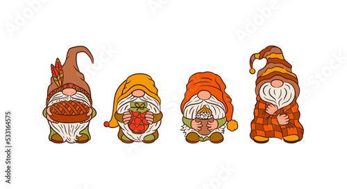 Cute gnomes set cosy fall. Autumn food thanksgiving clipart. Stock preserves cottagecore home theme. Apple pie, jam jar, coffee mug, warm plaid. Funny nordic gnomes isolated on white background.