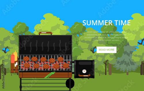 Summer time poster with grilled steaks on gas barbecue grill. Outdoor cooking equipment with assorted delicious food vector illustration. Garden BBQ picnic, traditional weekend food preparation.