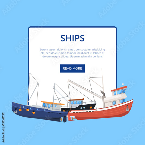 Vintage marine flotilla of ships poster. Commercial fishing trawlers for industrial seafood production vector illustration. Fishing boats, sea nautical transportation banner with space for text.