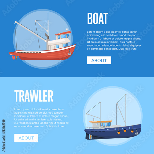 Fishing company flyers with boats. Commercial fishing trawlers for industrial seafood production vector illustration. Vintage marine fleet of ships, ocean nautical transportation, fish business.