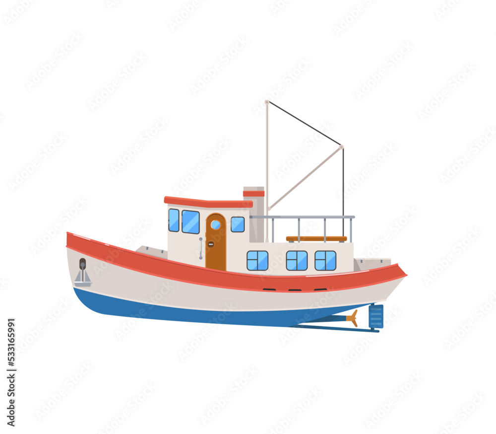 Commercial fishing trawler isolated on white icon. Side view ocean ...