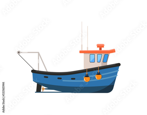 Vintage fishing trawler isolated on white icon. Side view commercial fishing vessel for industrial seafood production vector illustration.