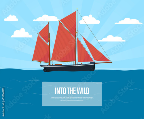 Worldwide sea traveling poster with nautical sailboat. Outdoor yachting, sailing sport, extreme ocean regatta race. Vintage marine cruise ship, passenger vessel transportation vector illustration.
