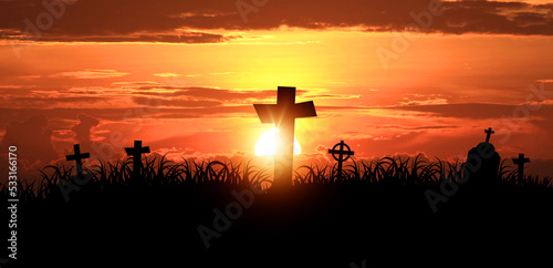 The cross is crucified on the hill. at sunrise