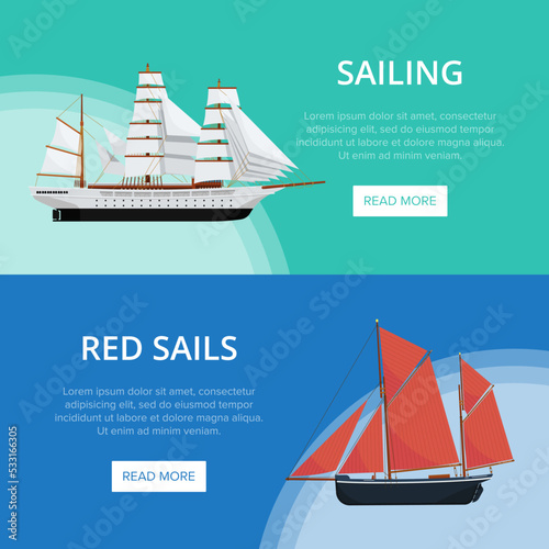 Sailing poster with old nautical sailboats. Vintage marine cruise ship, passenger vessel transportation vector illustration. Outdoor yachting and sea traveling, worldwide ocean regatta race.