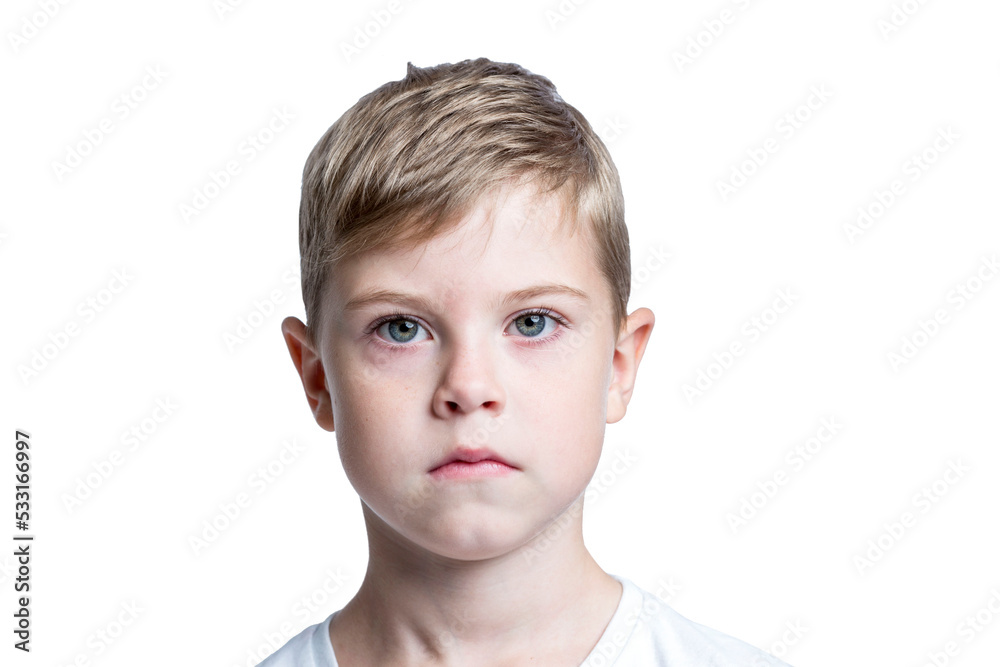 Serious boy. Close-up. Isolated on white background. Serious boy. Close-up. Isolated on white background.