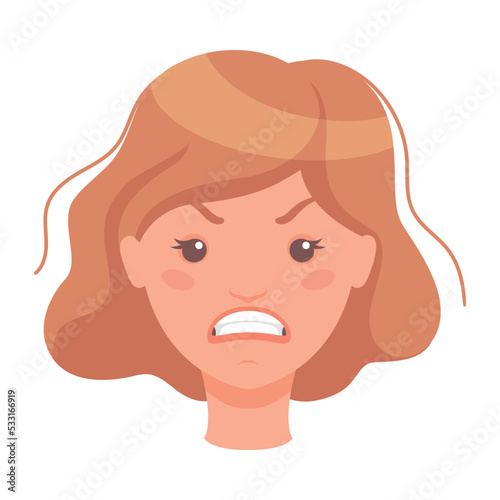 Woman Head with Short Brown Hair Showing Angry Face Expression and Emotion Frowning Front Vector Illustration