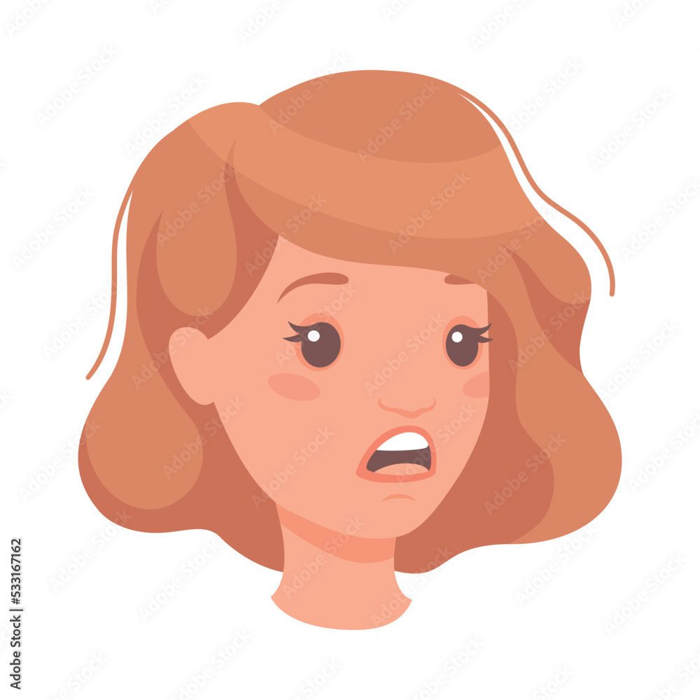 Scared Woman Head with Short Hair Showing Face Expression and Emotion of Fear Half-turned Vector Illustration Scared Woman Head with Short Hair Showing Face Expression and Emotion of Fear Half-turned Vector Illustration