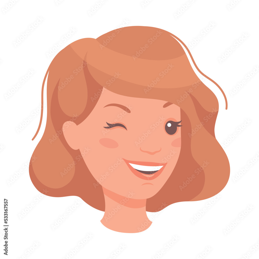 Woman Head with Short Brown Hair Showing Face Expression Winking and Smiling Vector Illustration