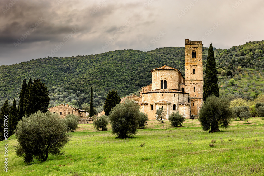 Abbey of Sant Antimo or Abbazia di Sant Antimo, a former Benedictine monastery in the Val d'Orcia in Tuscany, Italy.
