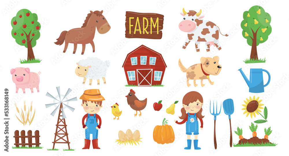 Farm and Rural Life with Smiling Boy and Girl, Red Barn, Livestock and Fruit Tree Vector Set Farm and Rural Life with Smiling Boy and Girl, Red Barn, Livestock and Fruit Tree Vector Set