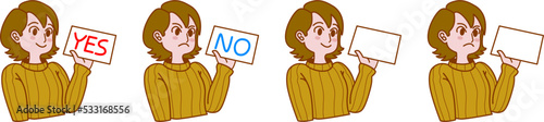 Vector simple illustration, young woman in autumn brown sweater is holding up placard showing happy agree or angry disapproval, expressing true inner emotion with confidence