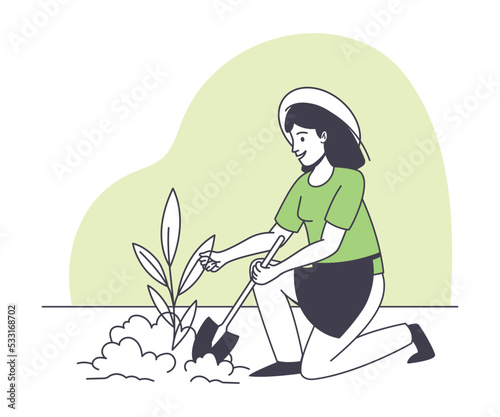 Woman Farmer Character with Shovel Cultivating Plant and Soil Doing Agricultural Work Vector Illustration