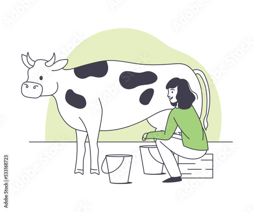 Woman Farmer Character Milking Cow with Bucket Doing Agricultural Work Vector Illustration
