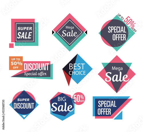 Supermarket sale stickers in trendy style. Special offer, best choice, super discount, big sale labels. Retail advertising campaign, holiday shopping, exclusive proposition vector illustration.