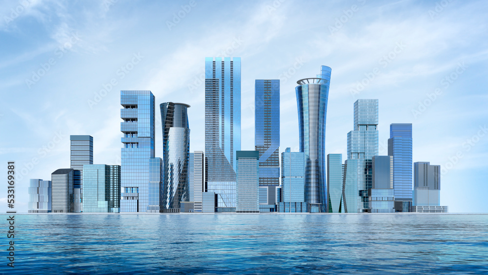 Modern city skyline of skyscrapers district downtown in day. 3d illustration Modern city skyline of skyscrapers district downtown in day. 3d illustration