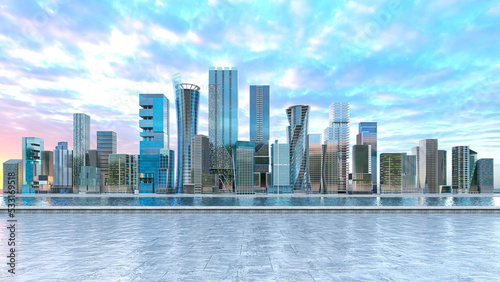 Modern city skyline of skyscrapers district downtown in day. 3d illustration © vipman4
