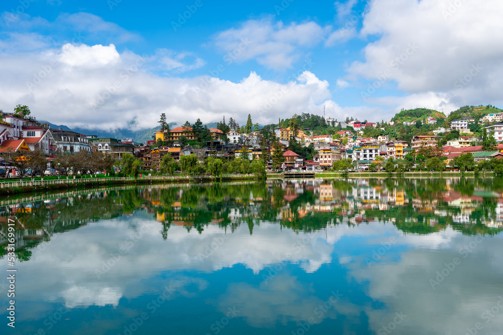 Sapa lake with reflection and blue sky in Lao Cai province, Vietnam