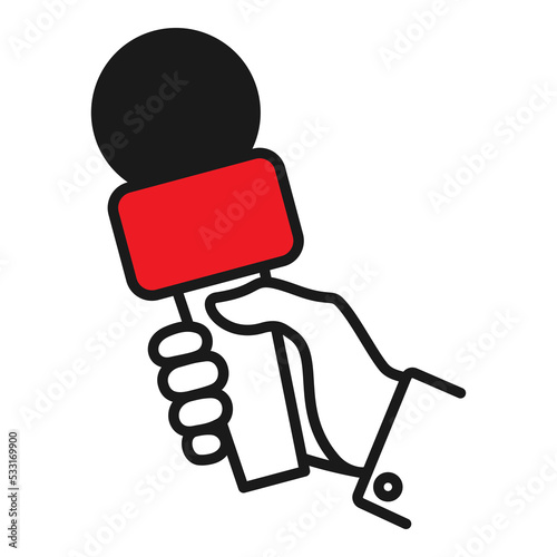 Hand holding microphone line icon. Microphone for news, broadcasting live news, vector illustration