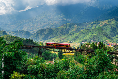 Beautiful landscape with mountain view on the train while going to Fansipan mountain in Sapa city, Vietnam