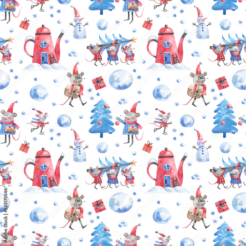 Christmas seamless pattern with cute mice, snow-covered trees, teapot houses, snowmen and snowflakes in cartoon style. New Year, Сhristmas, winter watercolor illustration. Texture for fabrics, textile Christmas seamless pattern with cute mice, snow-covered trees, teapot houses, snowmen and snowflakes in cartoon style. New Year, Сhristmas, winter watercolor illustration. Texture for fabrics, textile