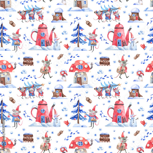 Fototapeta Naklejka Na Ścianę i Meble -  Cartoon winter background with fairytale Christmas village and cute mice. Kids style seamless pattern for holiday decor, wrapping paper, fabric.