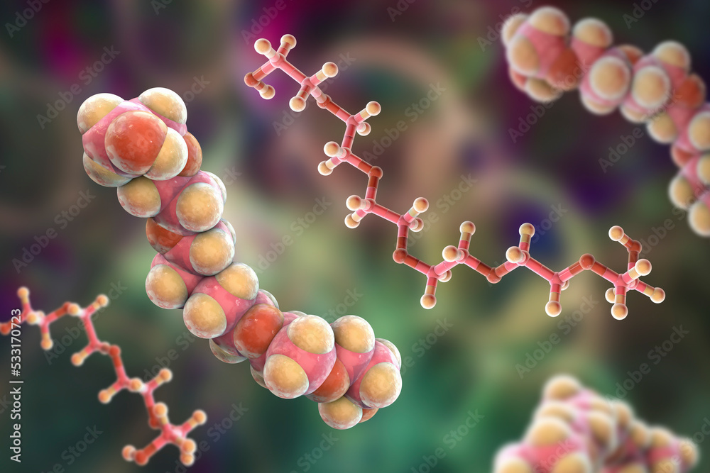Polyethylene glycol PEG . Hexaethylene glycol molecule, 3D illustration Polyethylene glycol PEG . Hexaethylene glycol molecule, 3D illustration