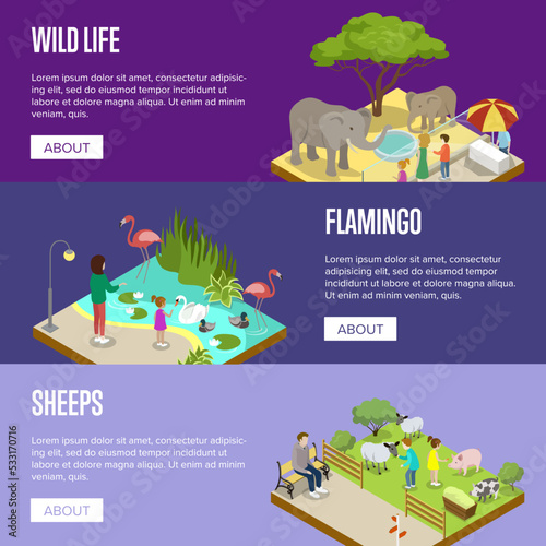 Public zoo with wild animals and visitors isometric posters. People near cages with elephants, flamingos and sheeps vector illustration. Zoo landscape elements for design, wild life concept.