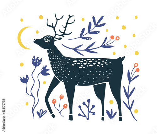 Beautiful card or poster with linocut style deer, decorated with flowers and plants. Fairy tale vector illustration