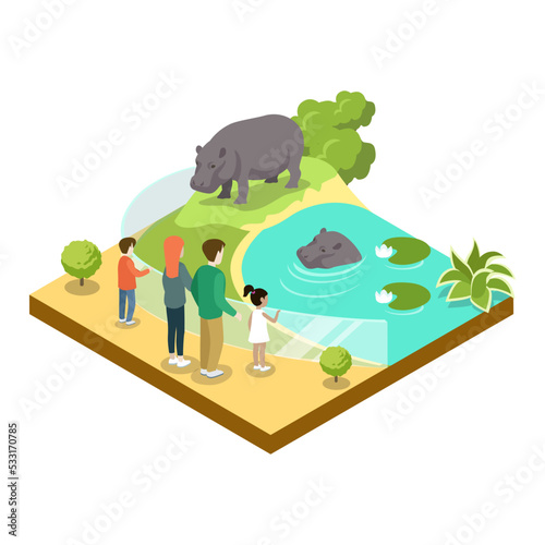 Cage with hypopotamuses isometric 3D icon. Public zoo with wild animals and people, zoo infrastructure element for design vector illustration.