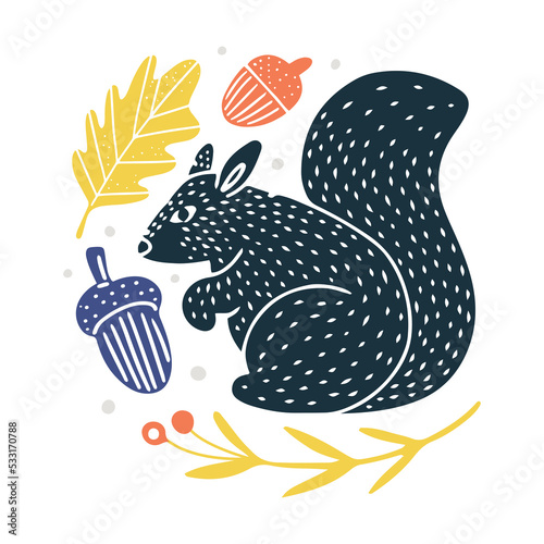 Childish card or poster with squirrel and acorn in linocut style, isolated on white vector illustration