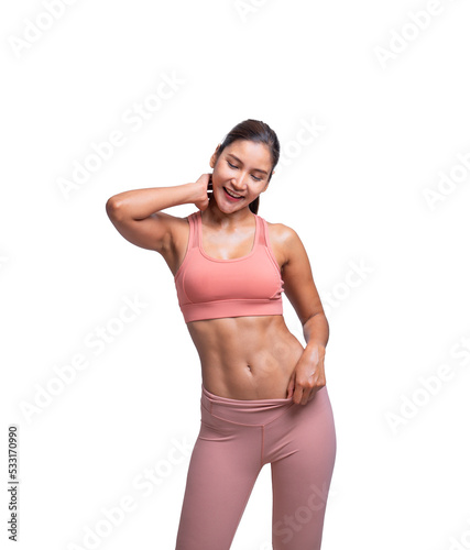 Shot of young sporty Asian woman fitness model in pink-top sportswear standing in a relaxed pose. isolated on white background. Fitness and healthy lifestyle concept.