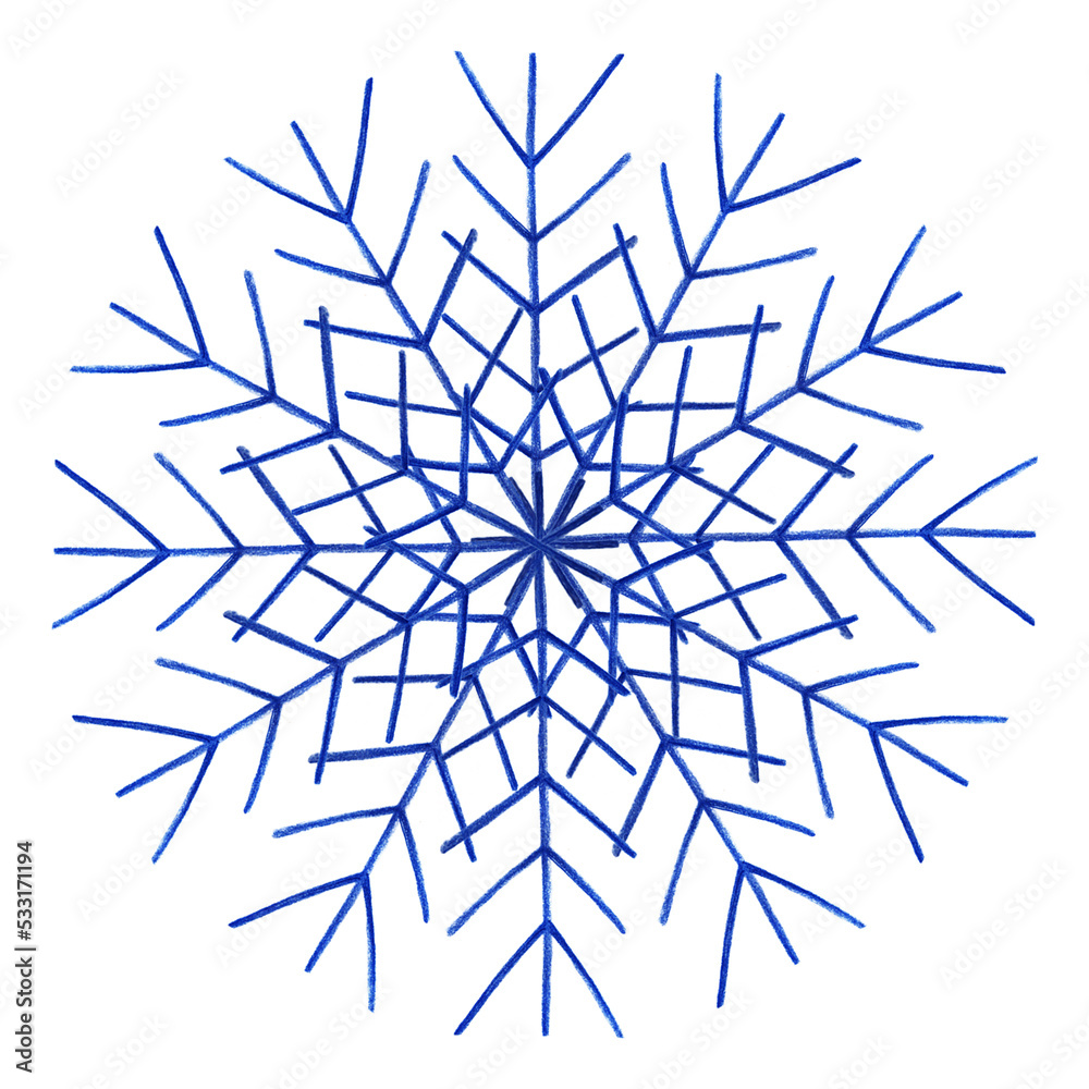 Blue Snowflake Isolated on White Background. Hand Drawn by Color Pencil. Winter Snow Symbol. Design elements for Christmas, New Year, card and other. Blue Snowflake Isolated on White Background. Hand Drawn by Color Pencil. Winter Snow Symbol. Design elements for Christmas, New Year, card and other.