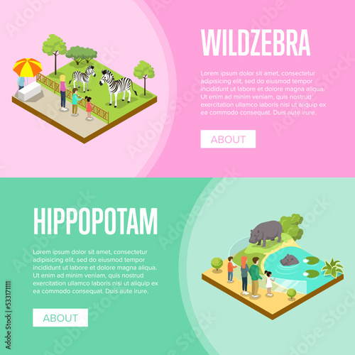 Public zoo with wild animals and visitors isometric posters. People near cages with zebras and hippopotamus vector illustration. Zoo infrastructure elements for landscape design, wildlife concept.