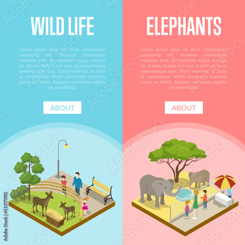 Public zoo with wild animals and visitors isometric posters. People near cages with elephants and deers. Zoo infrastructure design elements, wildlife concept, outdoor recreation vector illustration
