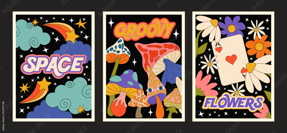 Groovy posters of the 90s. Cartoon psychedelic style. Bright hippie and  retro elements. Travel landscapes, sun rays, space, mushrooms, bad trip.  Vector collection of banners Stock Vector | Adobe Stock