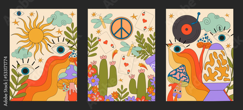 Groovy posters of the 90s. Cartoon psychedelic style. Bright hippie and retro elements. Travel landscapes, sunbeams, vinyl, mushrooms, bad trip. Vector collection of banners