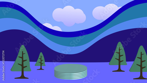 Colorful Abstract Pastel of nature forest tree plants with Podium stand platform concept, purple, blue, pink and yellow background cartoon trees on the podium. 3d illustration 