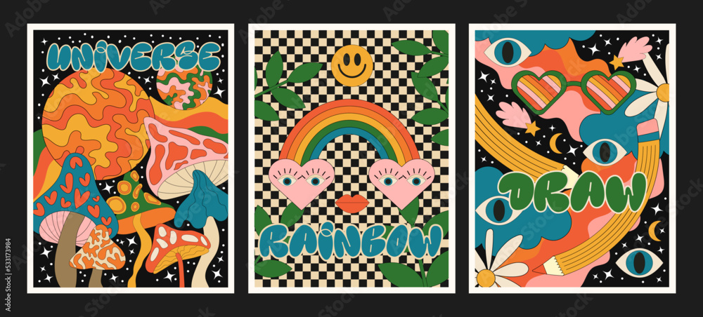 groovy 90s posters. Cartoon psychedelic style. Bright hippie and retro elements. Travel landscapes, mushrooms, rainbow, rays, space, flowers, bad trip. Vector collection of banners